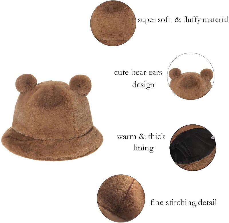 BEARUN Winter Faux Fur Furry Bucket Hat Fluffy Fuzzy Warm Hat Plush Fisherman Hat for Women Men Teens Girls - Image 3